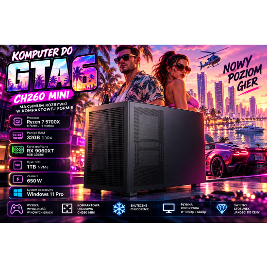 Komputer do GTA 6 CH260 MINI AMD Ryzen 7 5700X 32GB RX 9060XT 1TB 650W W11Pro czarna
